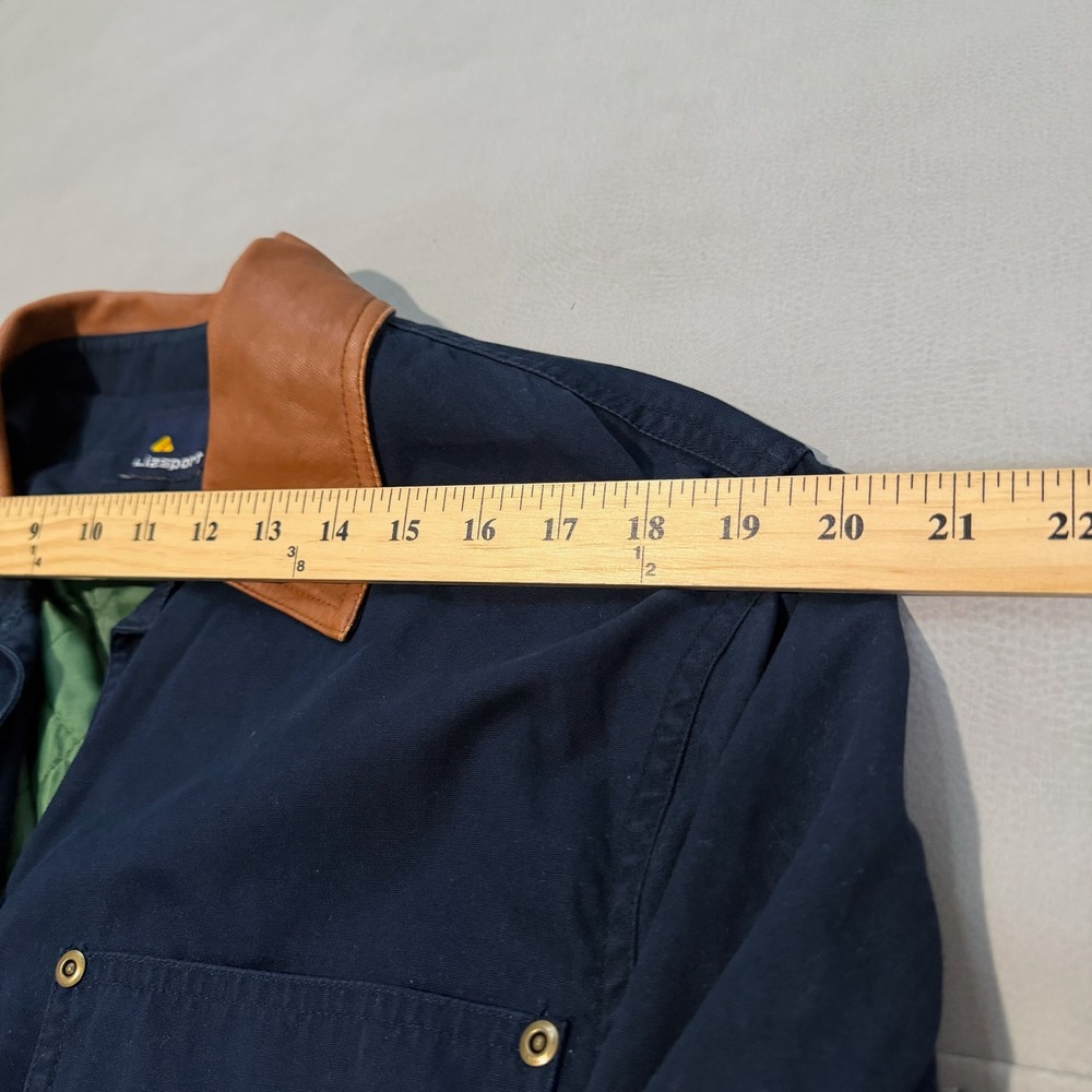 VTG 90s‎  Navy Barn Field Jacket Chore Leather Trim Collar Y2K Women-M-6130 - Picture 7 of 10